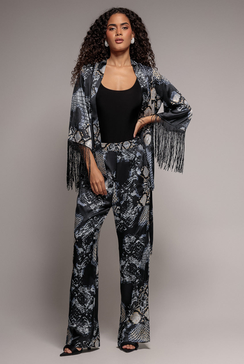 Goddiva Foil Print Kimono With Tassels - Black