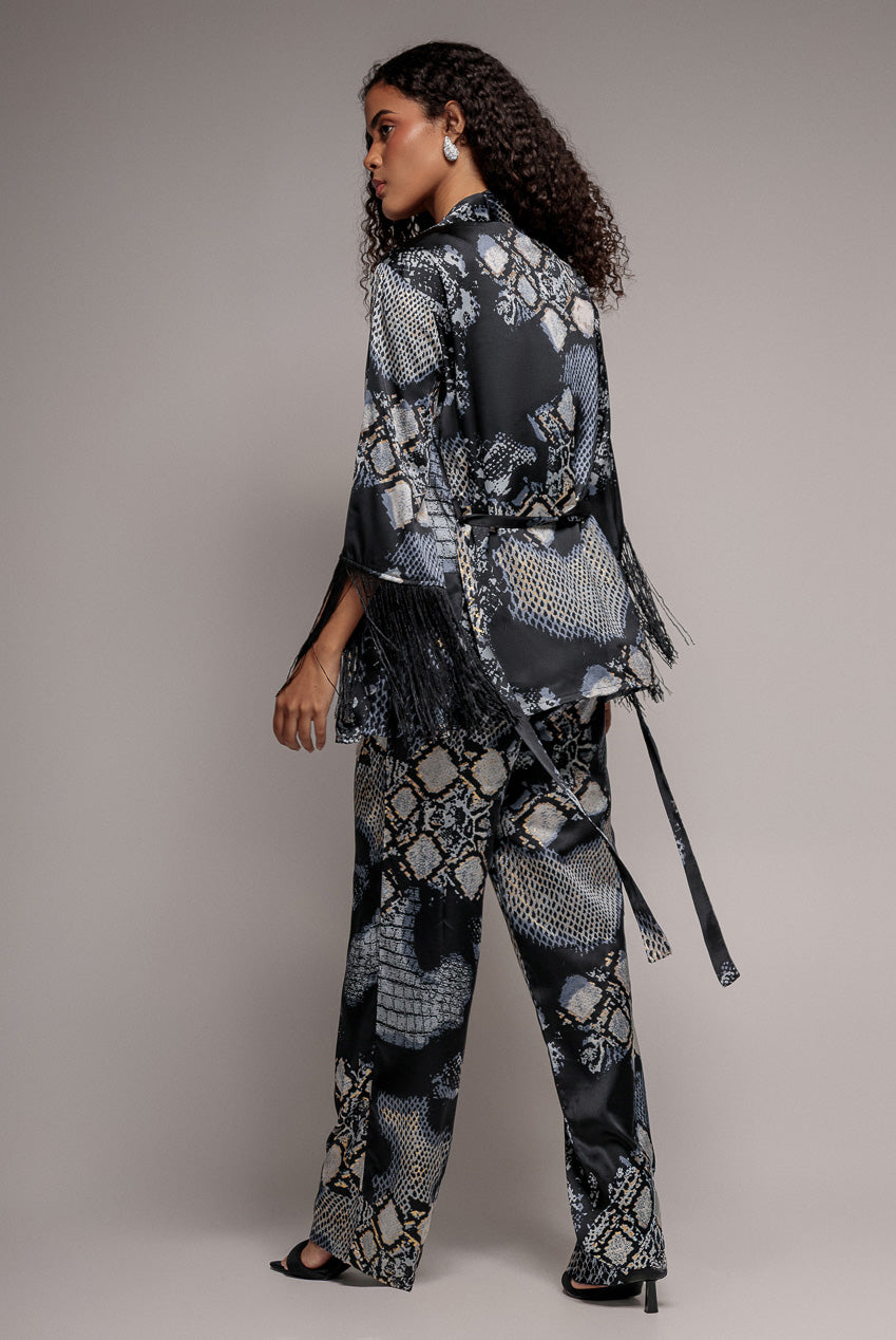 Goddiva Foil Print Kimono With Tassels - Black
