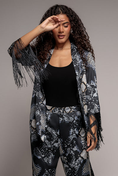 Black - Goddiva Foil Print Kimono With Tassels - Black