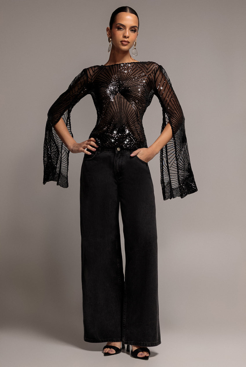 Goddiva Sequin Starburst Cape Sleeve Top - Black