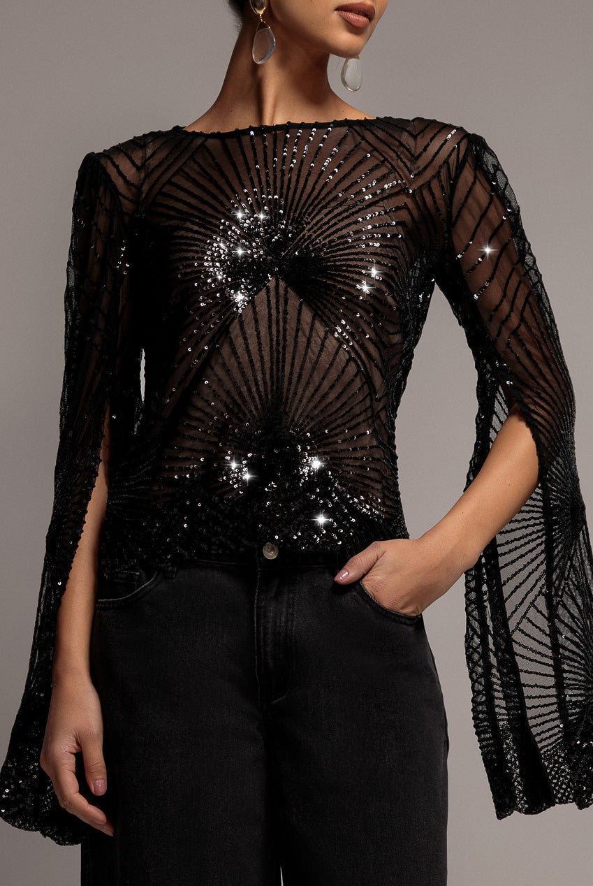 Goddiva Sequin Starburst Cape Sleeve Top - Black