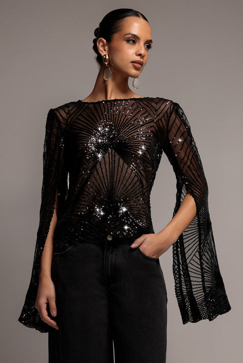 Goddiva Sequin Starburst Cape Sleeve Top - Black