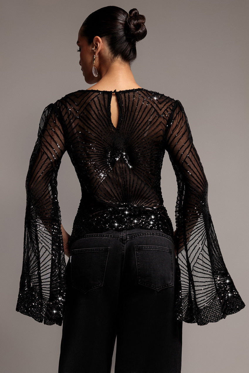 Goddiva Sequin Starburst Cape Sleeve Top - Black