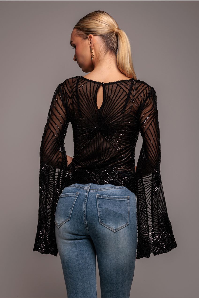 Goddiva Sequin Starburst Cape Sleeve Top - Black