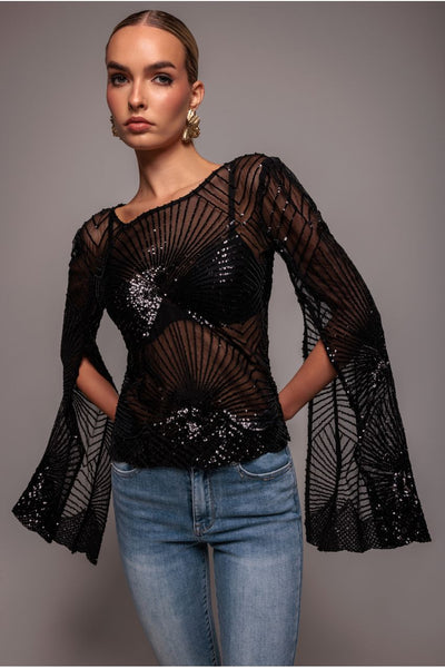 Black - Goddiva Sequin Starburst Cape Sleeve Top - Black