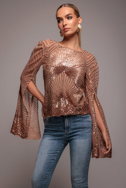Goddiva Sequin Starburst Cape Sleeve Top - Champagne