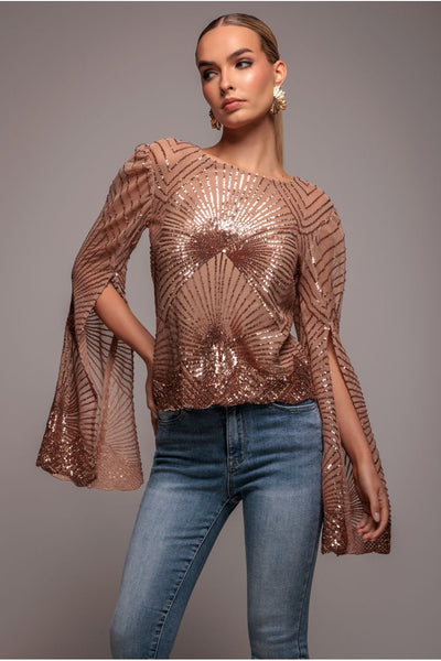 Champagne - Goddiva Sequin Starburst Cape Sleeve Top - Champagne