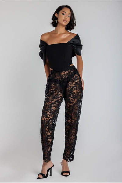 Black - Goddiva Barrell Leg Scalloped Hem Pant - Black