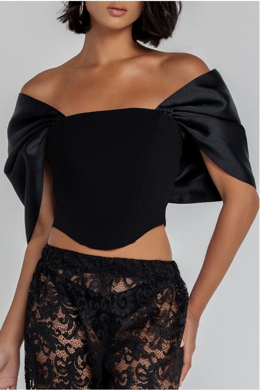 Goddiva Off Shoulder Back Satin Bow Scuba Corset - Black