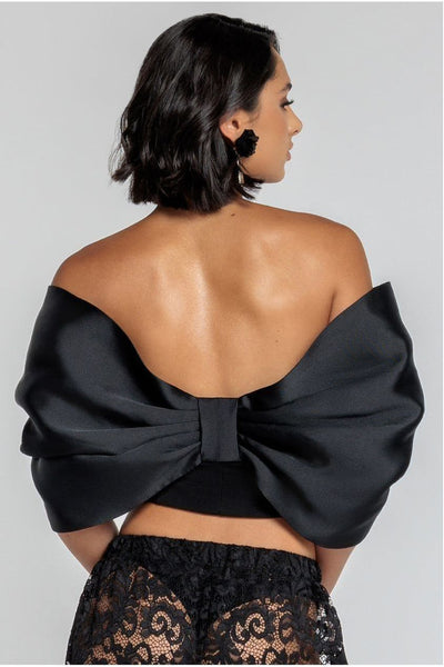 Black - Goddiva Off Shoulder Back Satin Bow Scuba Corset - Black