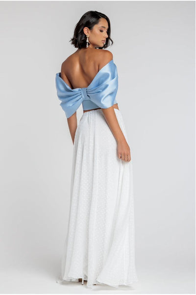 LightBlue - Goddiva Off Shoulder Back Satin Bow Scuba Corset - Light Blue