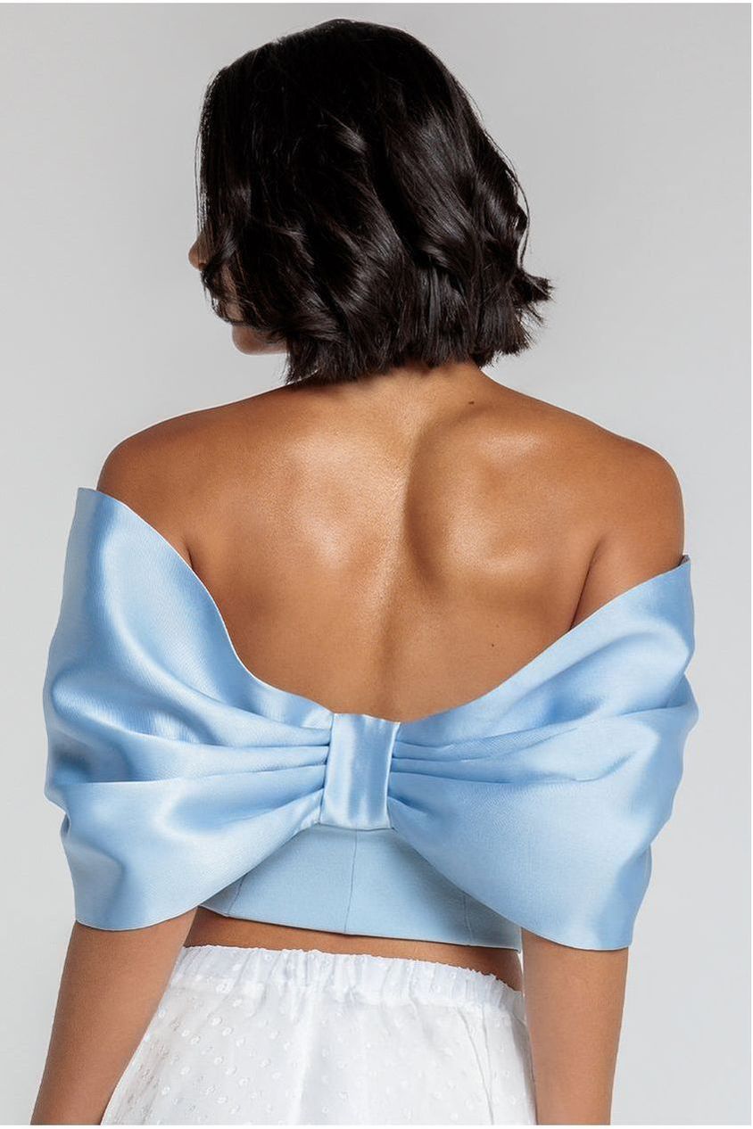 Goddiva Off Shoulder Back Satin Bow Scuba Corset - Light Blue