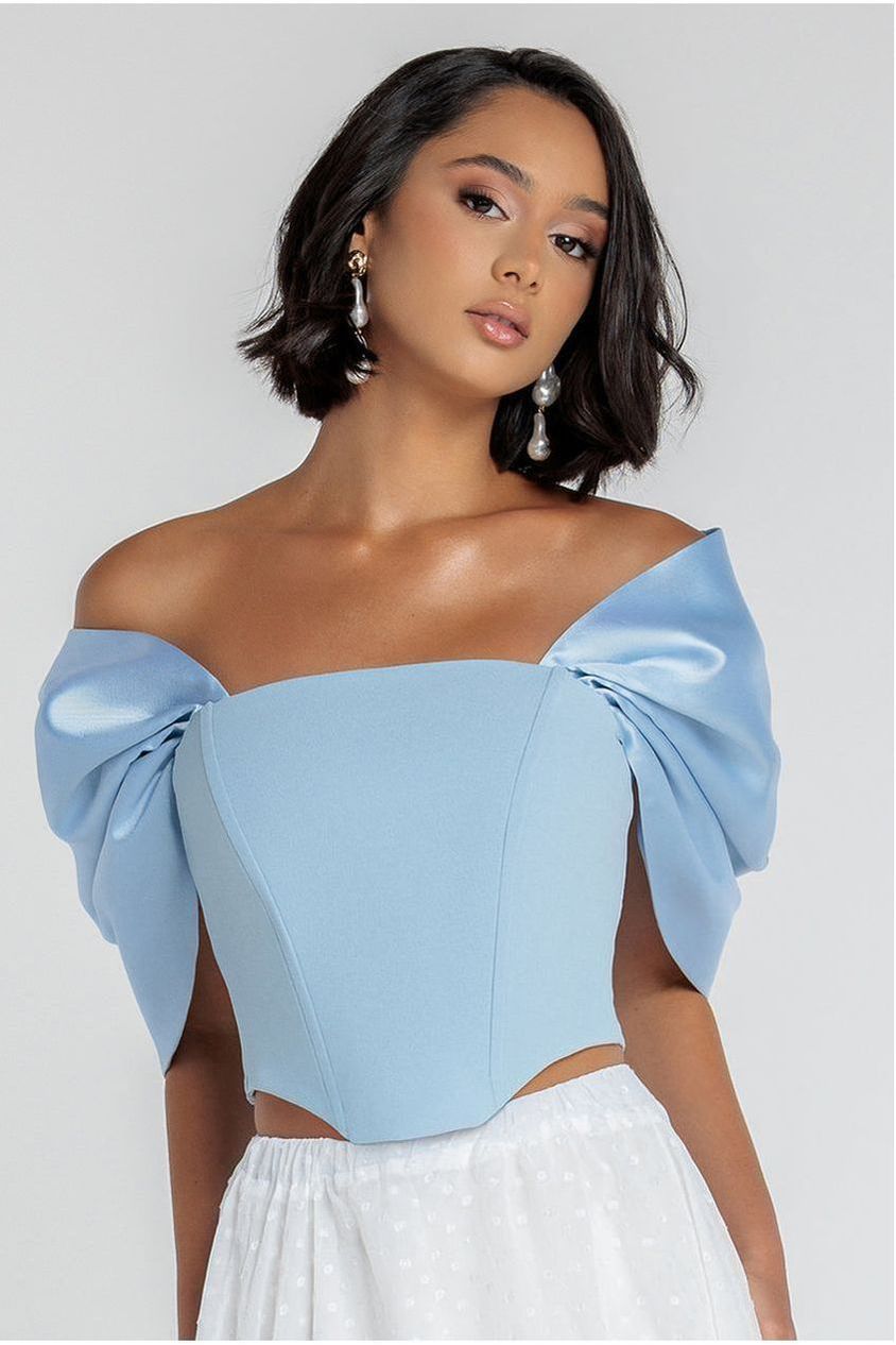 Goddiva Off Shoulder Back Satin Bow Scuba Corset - Light Blue