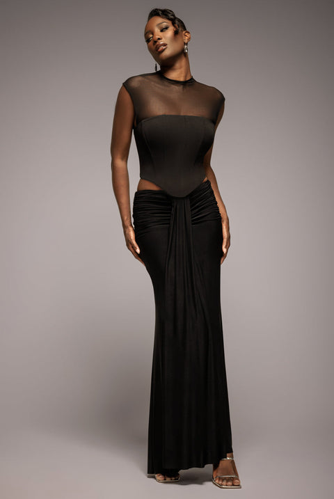 Goddiva Gathered Front Dipped Waist Maxi Skirt - Black