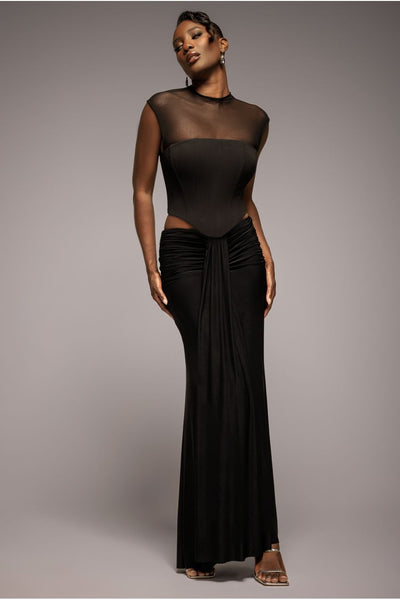 Black - Goddiva Gathered Front Dipped Waist Maxi Skirt - Black