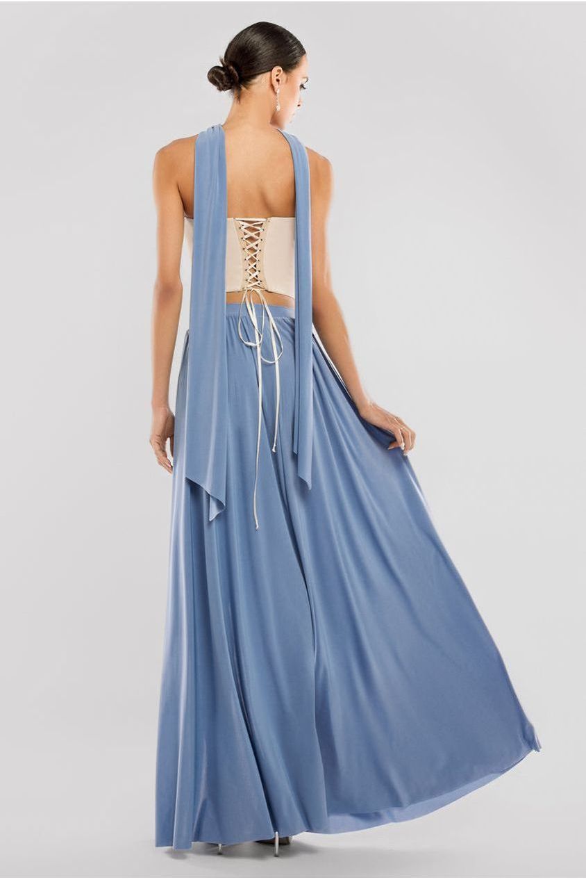 Goddiva Compact Crepe Lace Up Corset With Side Split Jersey Maxi Skirt & Scarf - Beige & Blue