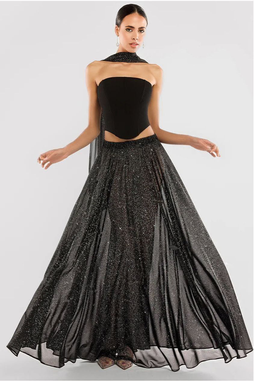Goddiva Gathered A-Line Glitter Chiffon Maxi Skirt