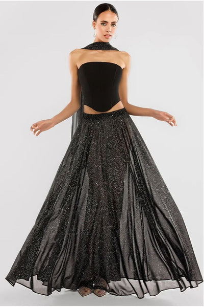 BlackGlitter - Goddiva Gathered A-Line Glitter Chiffon Maxi Skirt