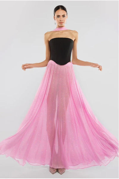 Pink - Goddiva Gathered A-Line Glitter Chiffon Maxi Skirt