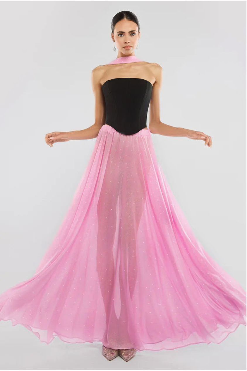 Goddiva Gathered A-Line Glitter Chiffon Maxi Skirt