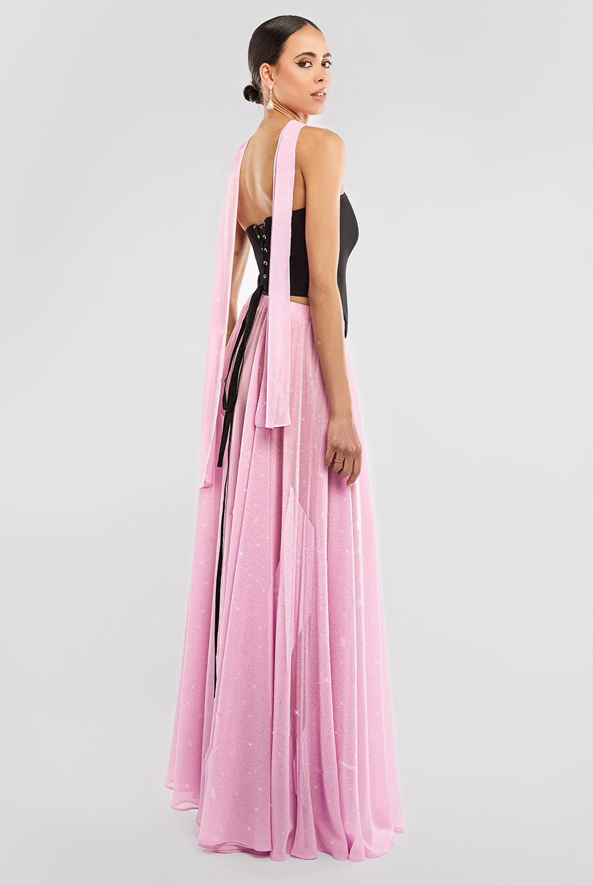 Goddiva Compact Crepe Lace Up Corset With Gathered A-Line Glitter Chiffon Maxi Skirt & Scarf - Black, Pink & Pink