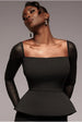 Goddiva Plain Mesh Long Sleeve Scuba Crepe Peplum Top - Black