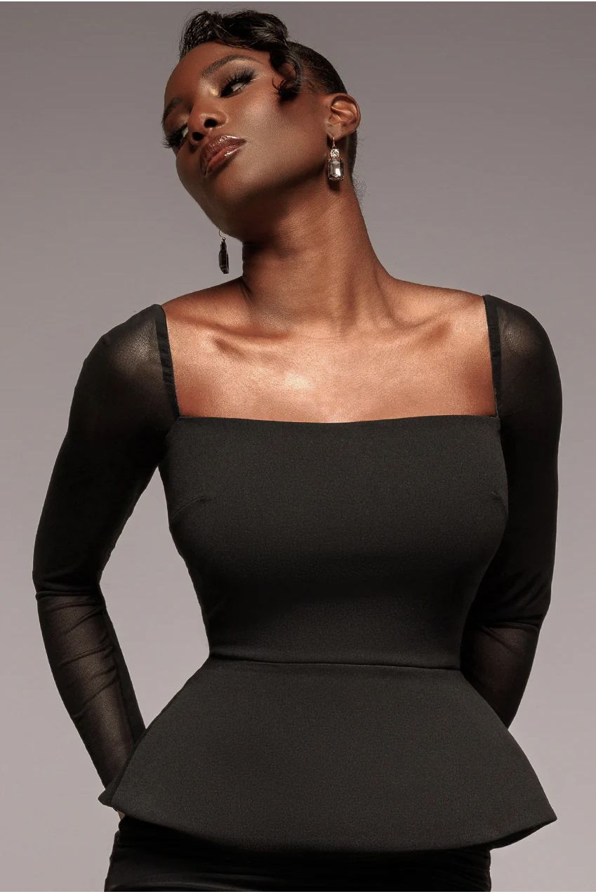 Goddiva Plain Mesh Long Sleeve Scuba Crepe Peplum Top - Black