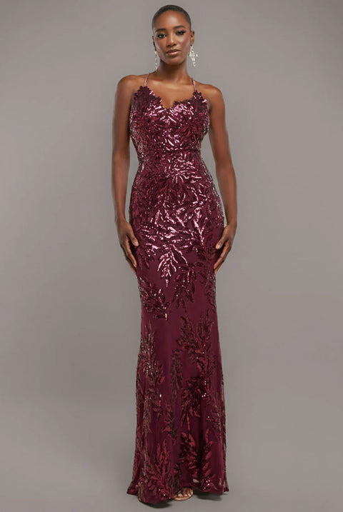 Goddiva Cross Back Diamante Strap Sequin Maxi - Burgundy