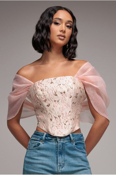 BlushPink - Goddiva Off Shoulder Jacquard Top With Organza Wings - Blush Pink