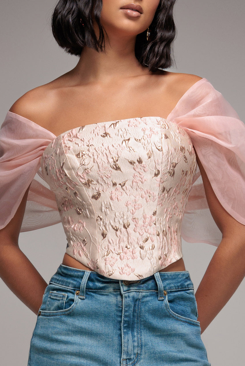 Goddiva Off Shoulder Jacquard Top With Organza Wings - Blush Pink