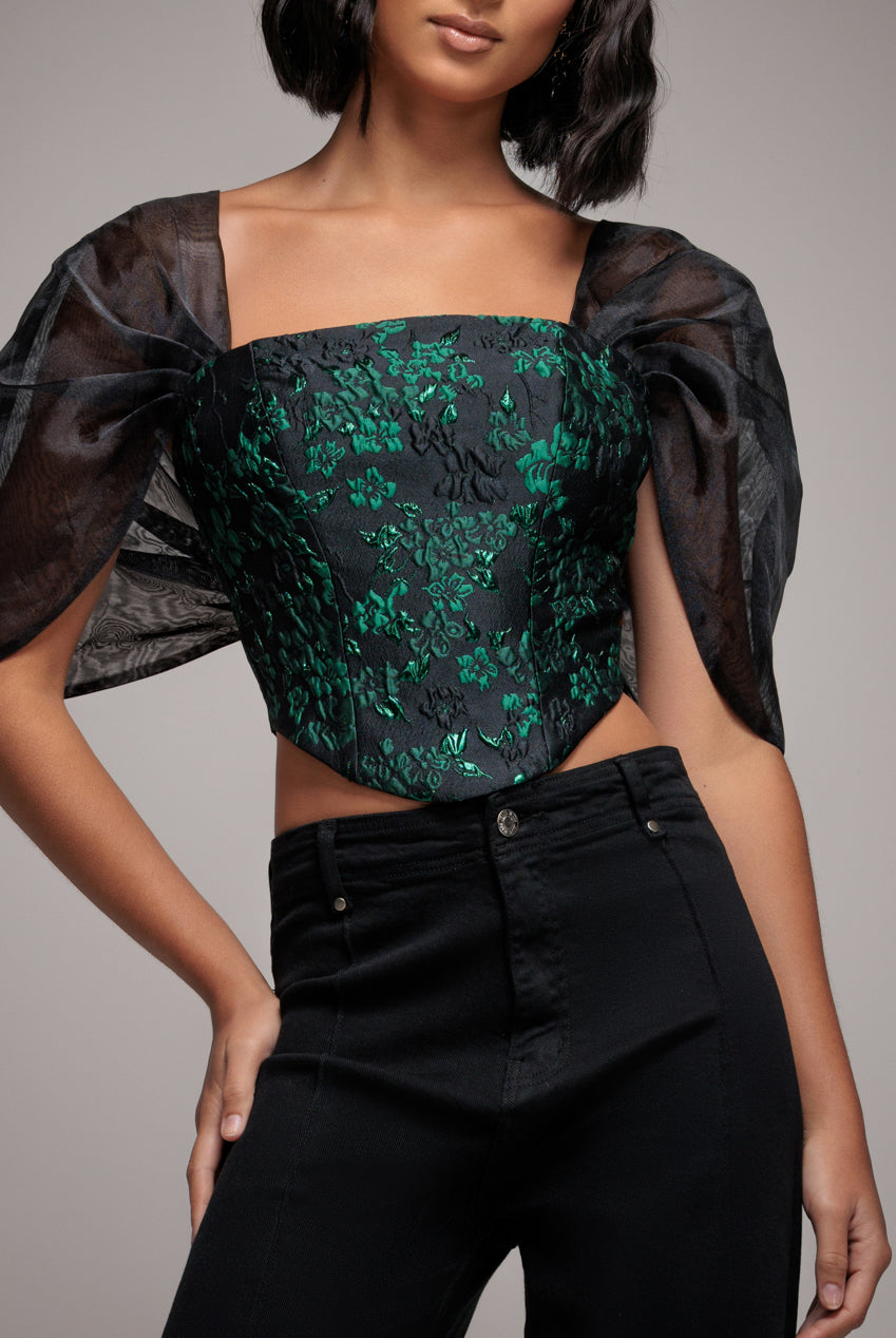 Goddiva Off Shoulder Jacquard Top With Organza Wings - Emerald Black