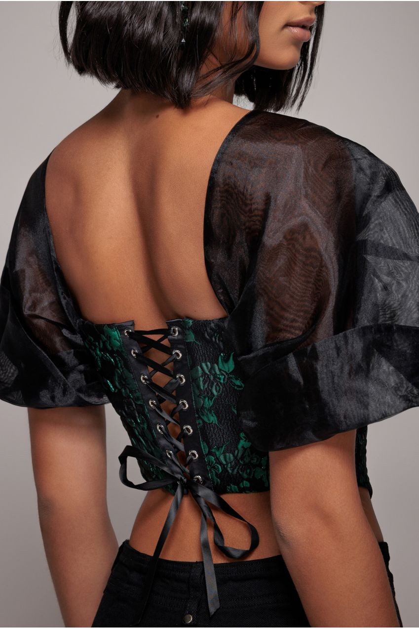 Goddiva Off Shoulder Jacquard Top With Organza Wings - Emerald Black