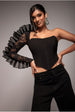 Goddiva One Shoulder Fan Pleat Frill Corset Top - Black