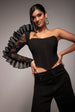 Goddiva One Shoulder Fan Pleat Frill Corset Top - Black