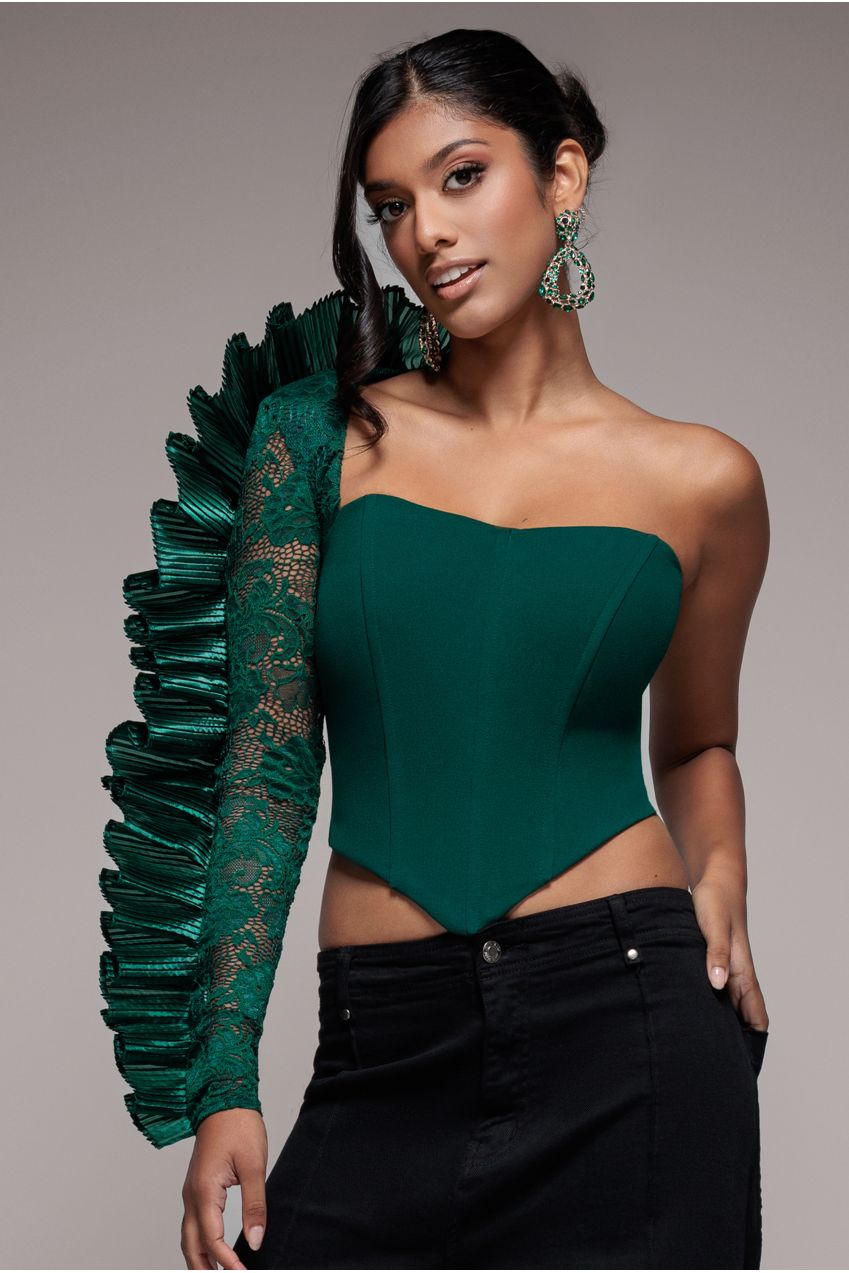 Goddiva One Shoulder Fan Pleat Frill Corset Top - Emerald Green