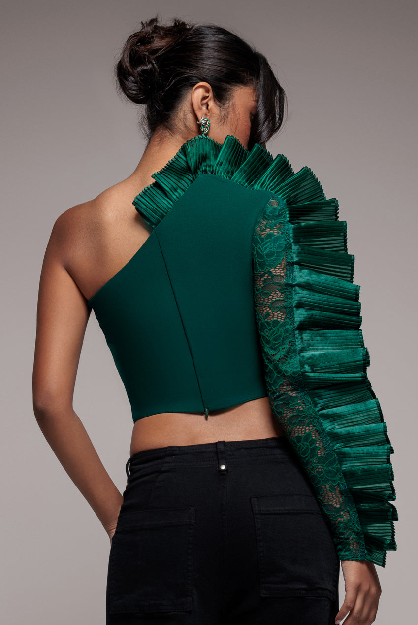 Goddiva One Shoulder Fan Pleat Frill Corset Top - Emerald Green