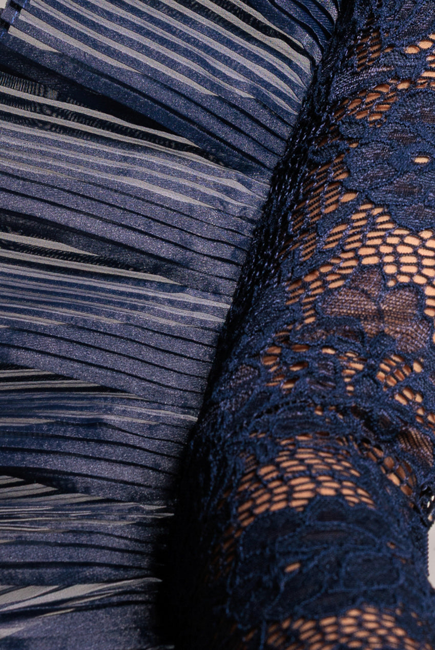 Goddiva One Shoulder Fan Pleat Frill Corset Top - Navy Blue