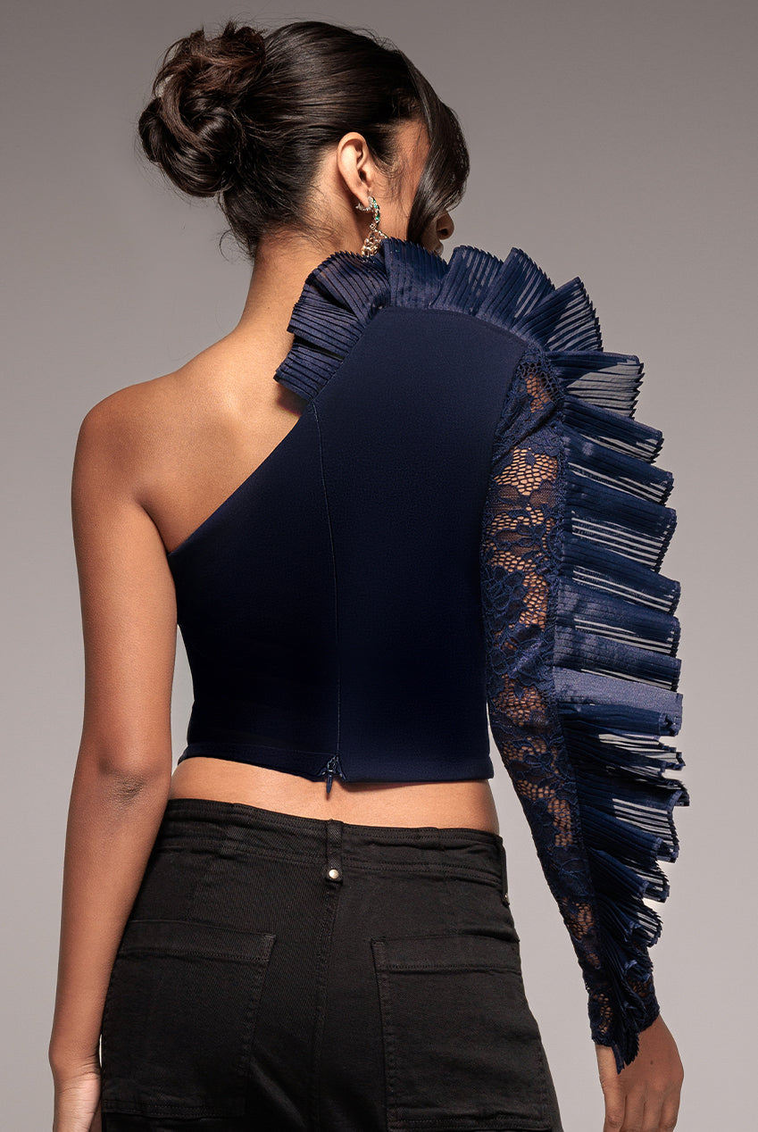 Goddiva One Shoulder Fan Pleat Frill Corset Top - Navy Blue
