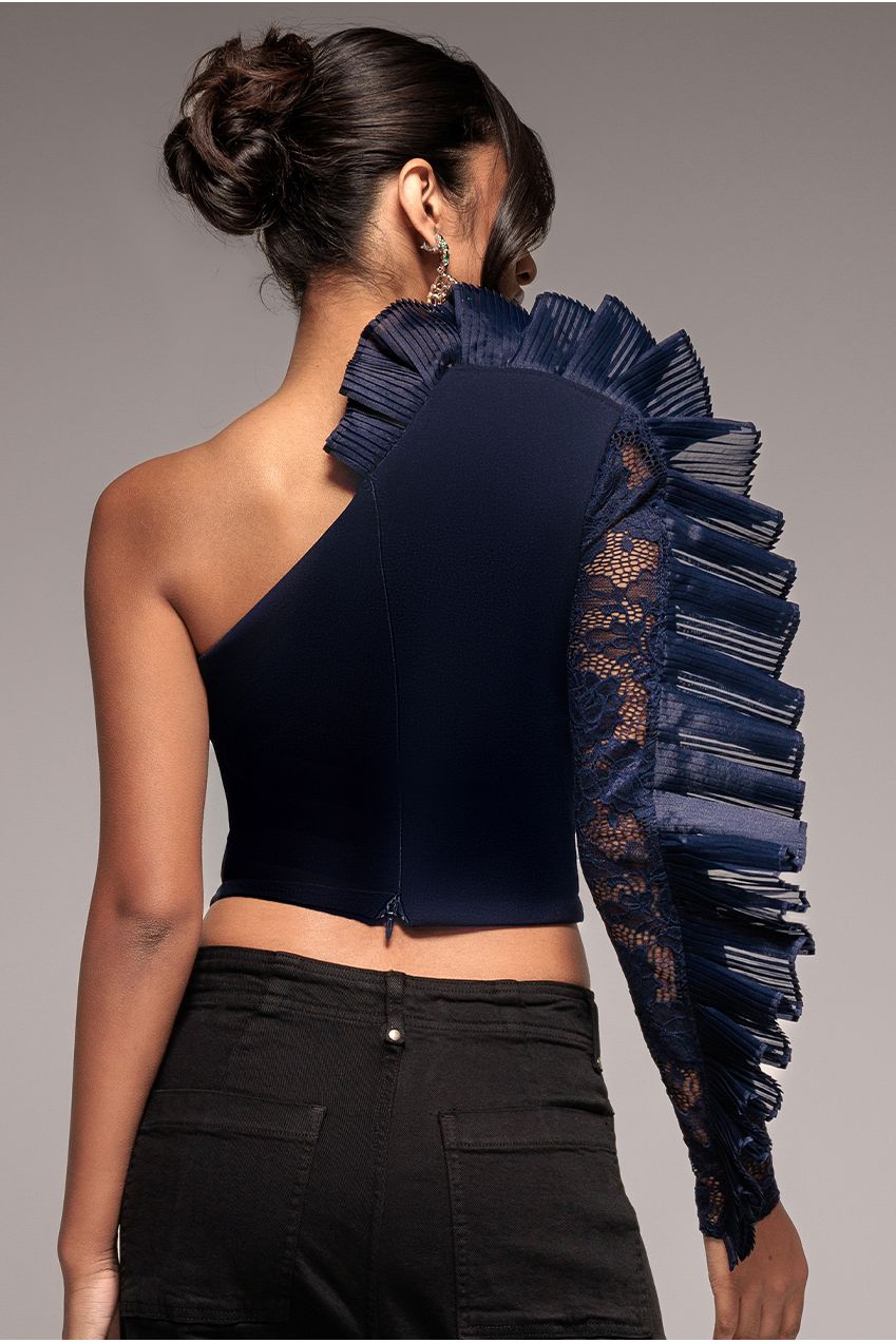 Goddiva One Shoulder Fan Pleat Frill Corset Top - Navy Blue