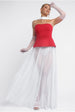 Goddiva Scuba Boobtube Peplum Corset With Polka Dobby Chiffon A-Line Maxi Skirt With Scarf - Red & Cream
