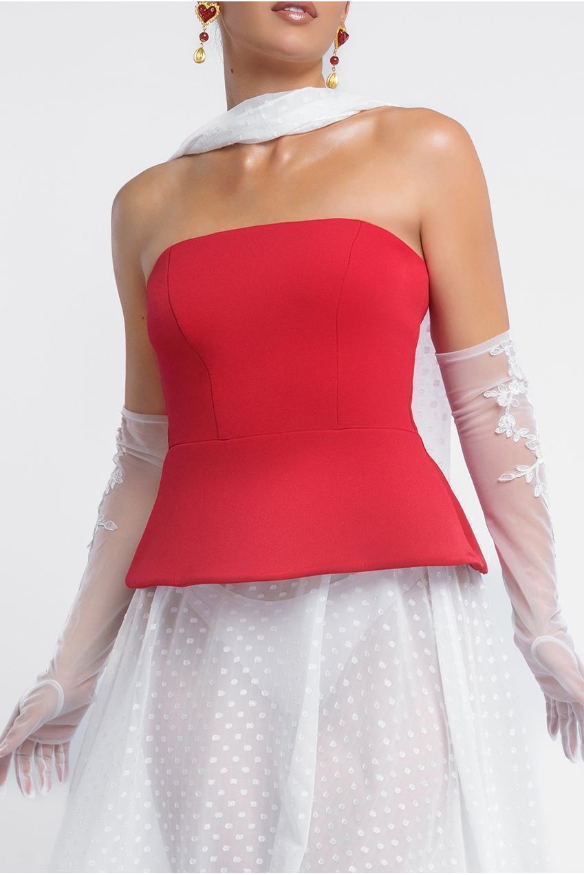 Goddiva Scuba Boobtube Peplum Corset With Polka Dobby Chiffon A-Line Maxi Skirt With Scarf - Red & Cream