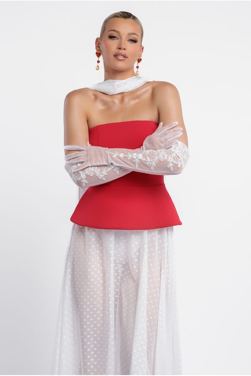Goddiva Scuba Boobtube Peplum Corset With Polka Dobby Chiffon A-Line Maxi Skirt With Scarf - Red & Cream