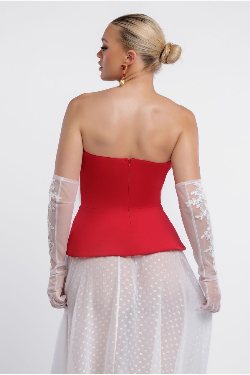 Goddiva Scuba Boobtube Peplum Corset With Polka Dobby Chiffon A-Line Maxi Skirt With Scarf - Red & Cream