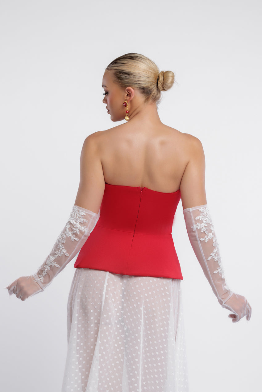 Goddiva Scuba Boobtube Peplum Corset With Polka Dobby Chiffon A-Line Maxi Skirt With Scarf - Red & Cream