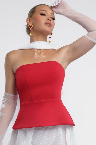 Red - Goddiva Scuba Boobtube Peplum Hem Corset