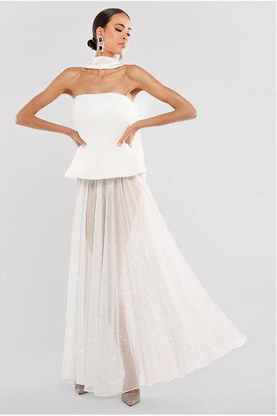 CreamGlitter - Goddiva Gathered A-Line Glitter Chiffon Maxi Skirt