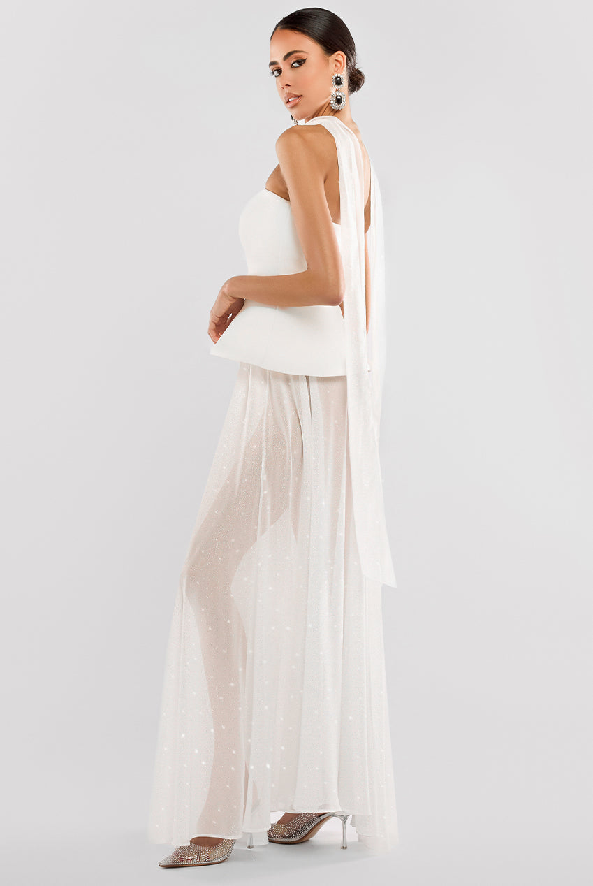 Goddiva Scuba Boobtube Peplum Corset With Gathered A-Line Glitter Chiffon Maxi Skirt & Scarf - Cream