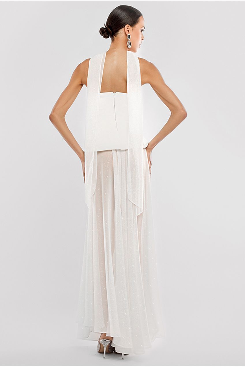 Goddiva Scuba Boobtube Peplum Corset With Gathered A-Line Glitter Chiffon Maxi Skirt & Scarf - Cream