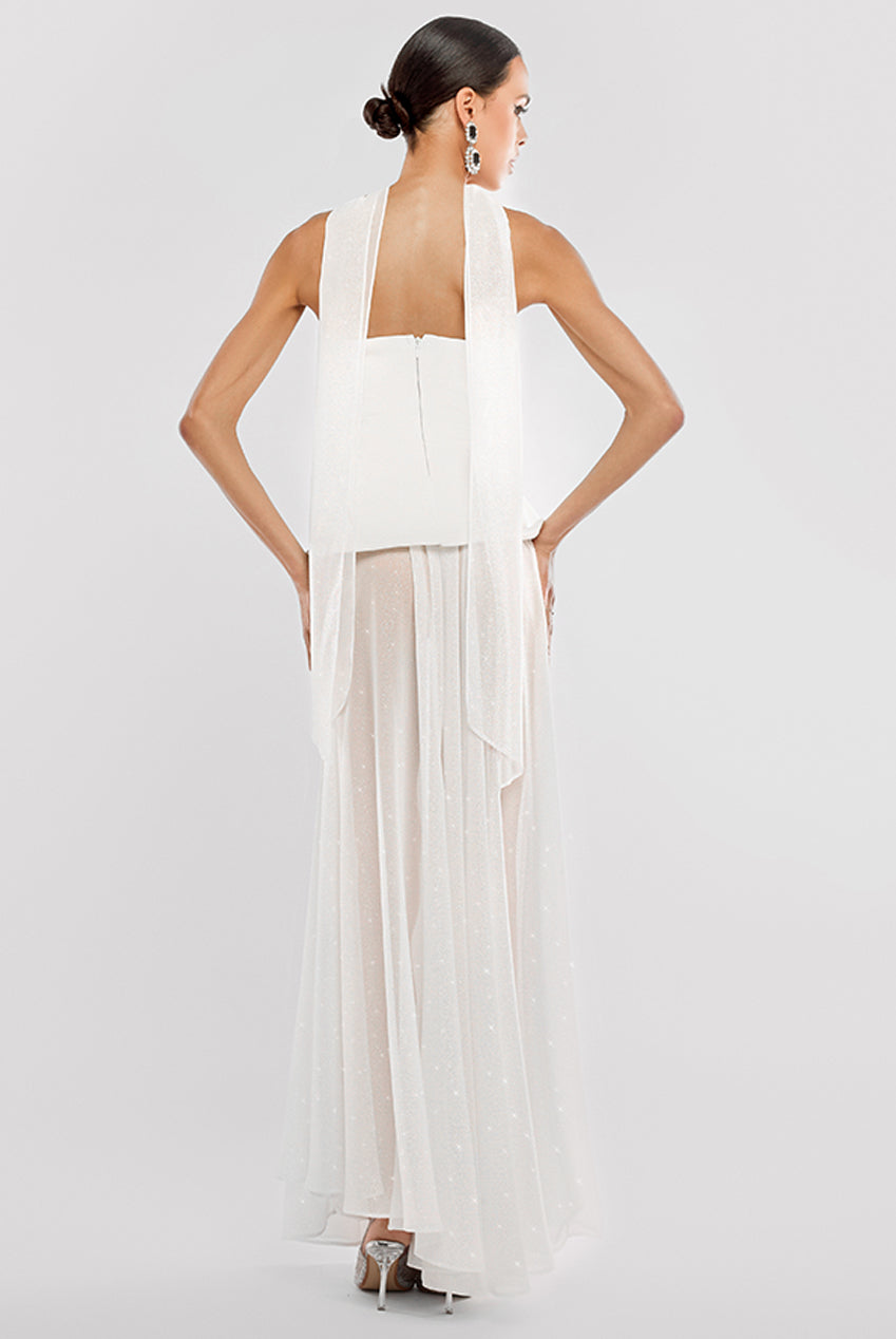 Goddiva Scuba Boobtube Peplum Corset With Gathered A-Line Glitter Chiffon Maxi Skirt & Scarf - Cream