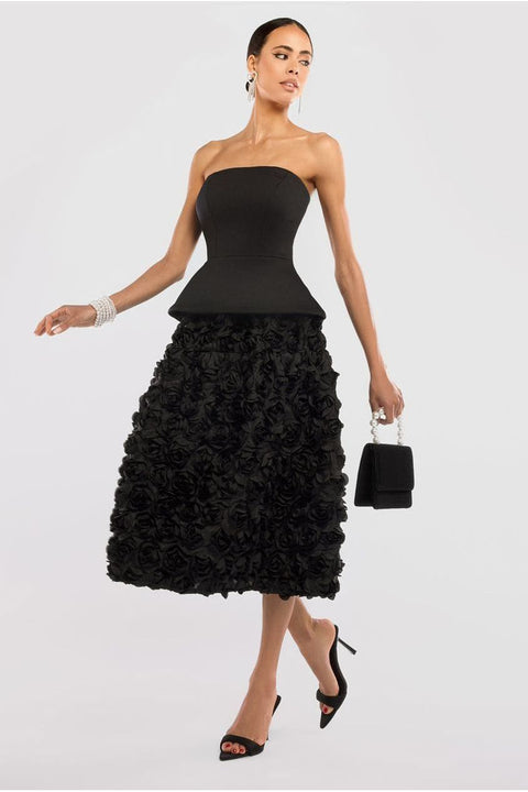 Goddiva Scuba Boobtube Peplum Corset With 3D Floral Mesh Skirt - Black